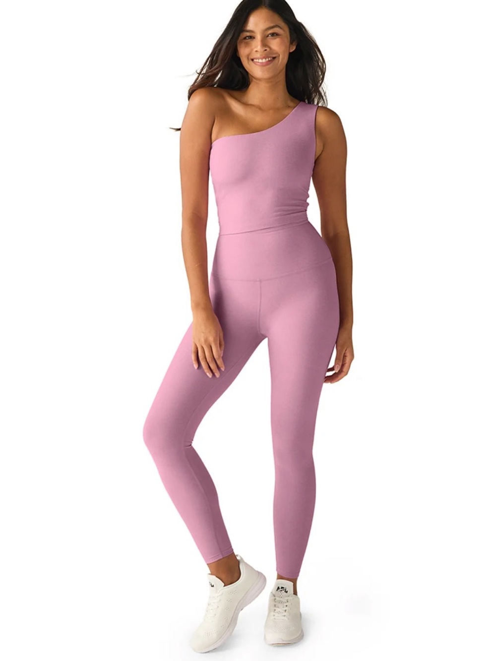 Beyond Yoga Spacedye Pink Haze Heather One Shoulder Top Leggings Set Size S